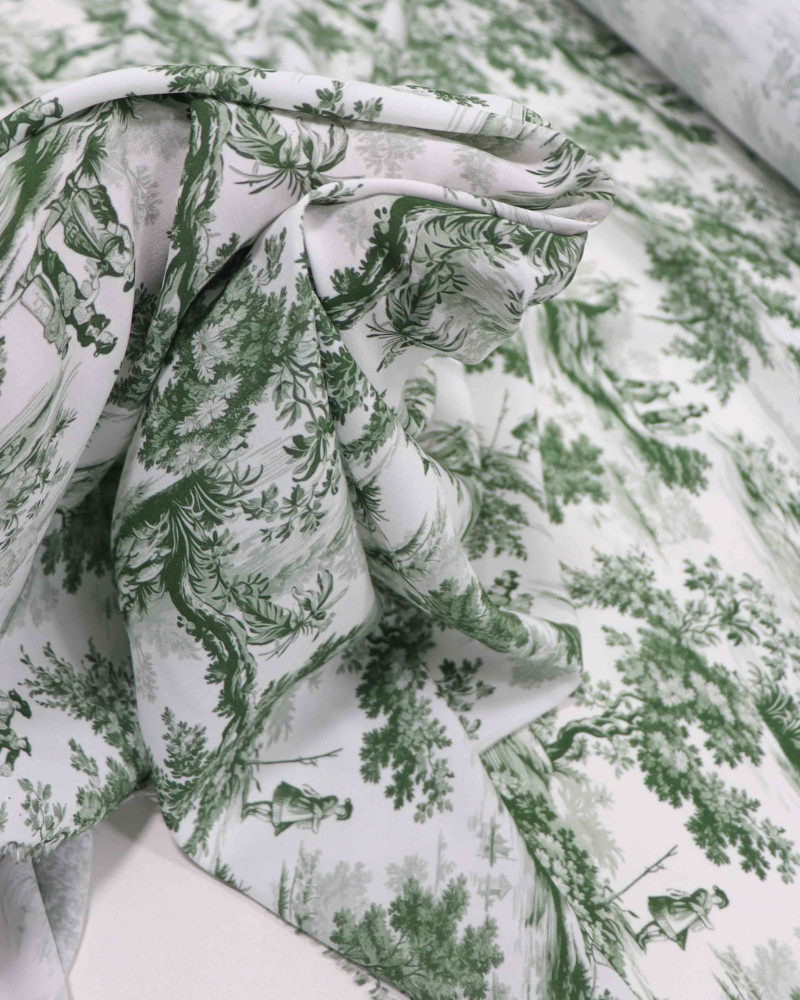 Tecido Viscose Premium Toile de Jouy Verde e Offwhite
