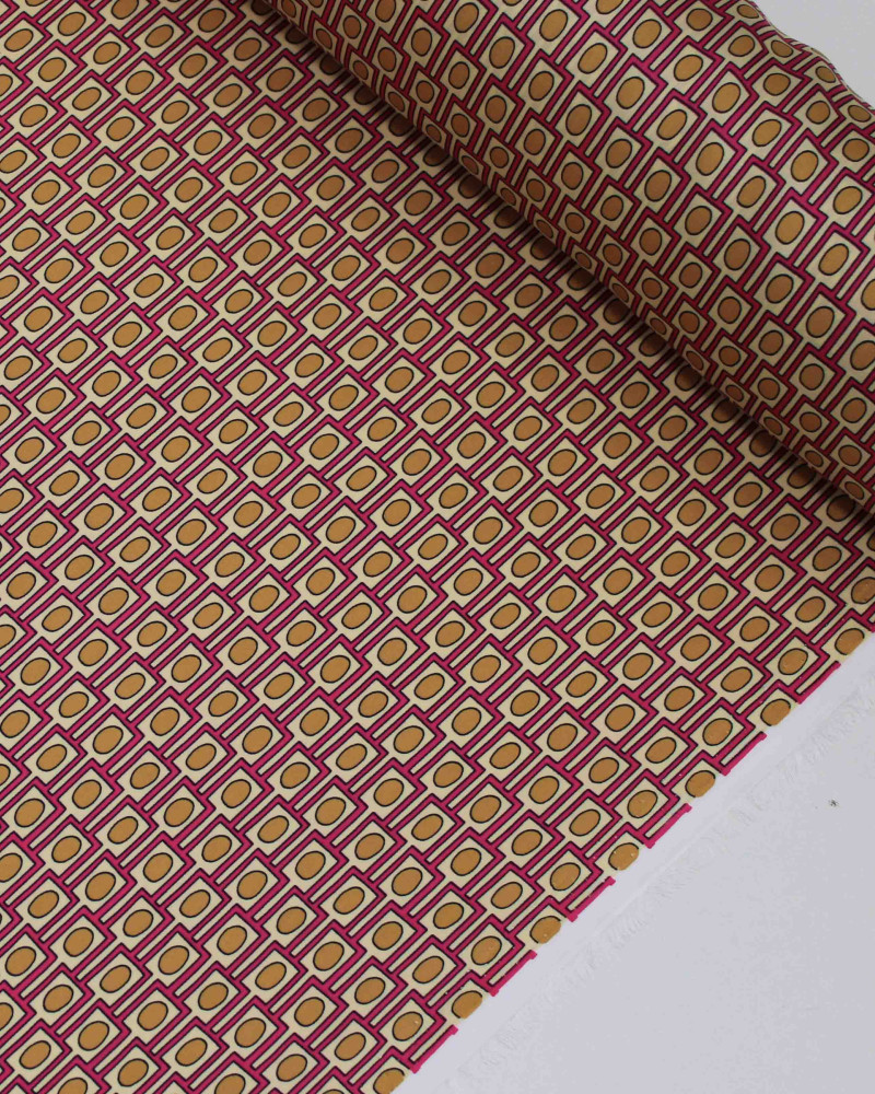 Tecido Crepe Silk Italiano Geométricos Rosa e Tons de Bege
