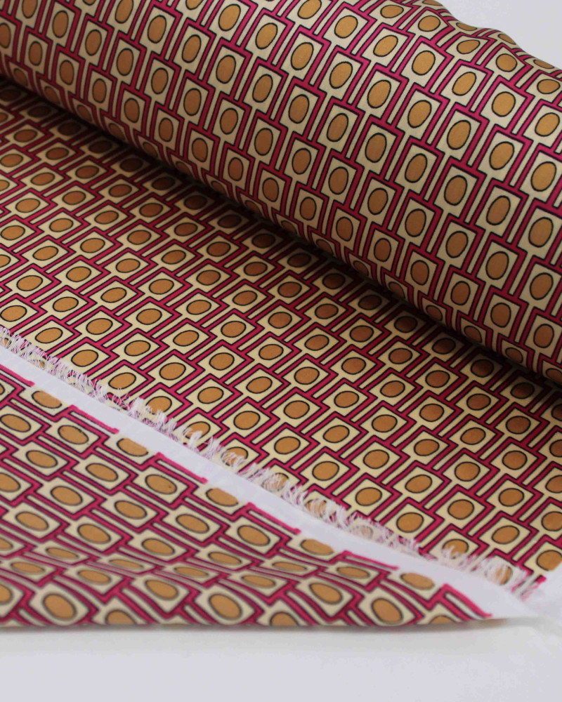 Tecido Crepe Silk Italiano Geométricos Rosa e Tons de Bege