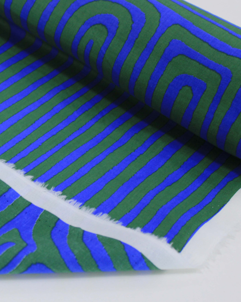 Tecido Cambraia de Algodão Italiano Listras Étnicas Verde e Azul