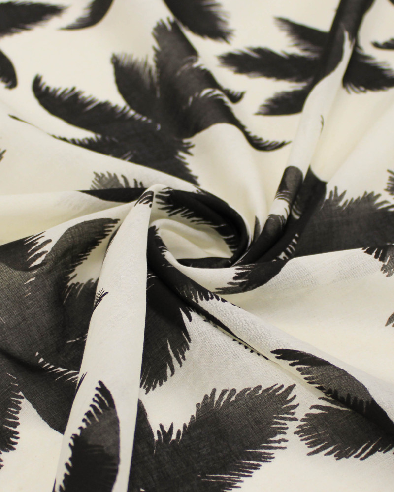 Tecido Cambraia Mista Macro Folhagens Tropicais Preto e Creme