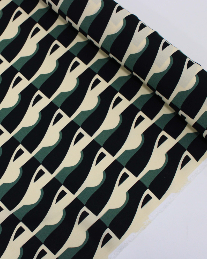Tecido Crepe de Viscose Italiano Listrado Abstrato Preto, Verde e Creme
