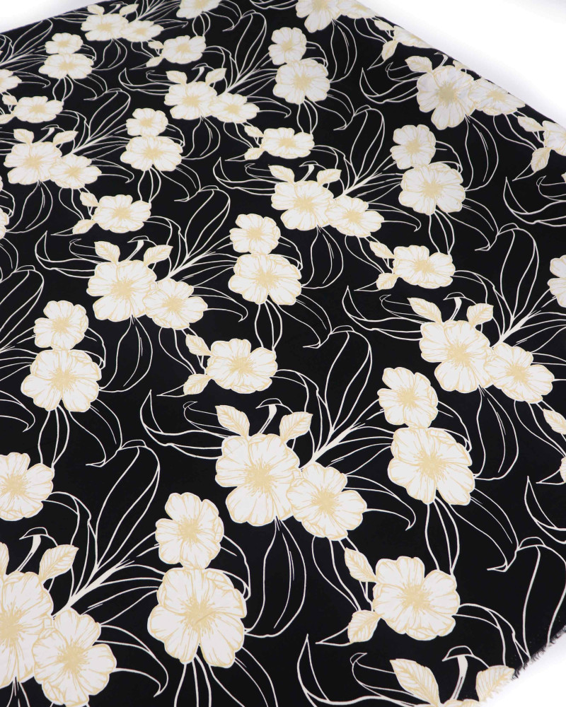 Tecido Viscose Macro Portulaca Creme e Preto (3m)