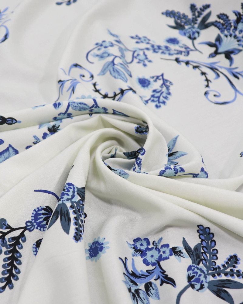 Tecido Viscose Macro Ramos Azul e Offwhite
