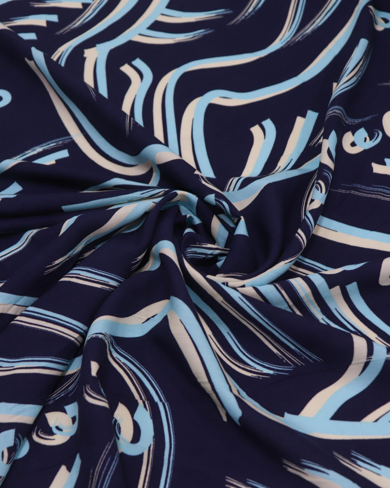 Tecido Viscose Pinturas Abstratas Tons de Azul