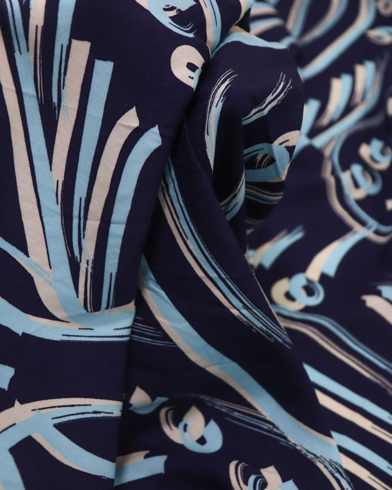 Tecido Viscose Pinturas Abstratas Tons de Azul