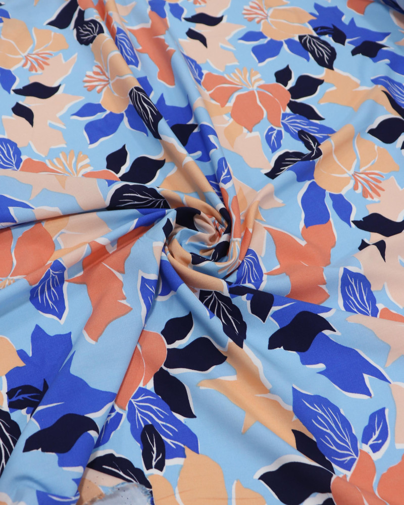 Tecido Viscose Folhas de Outono Salmão e Azul