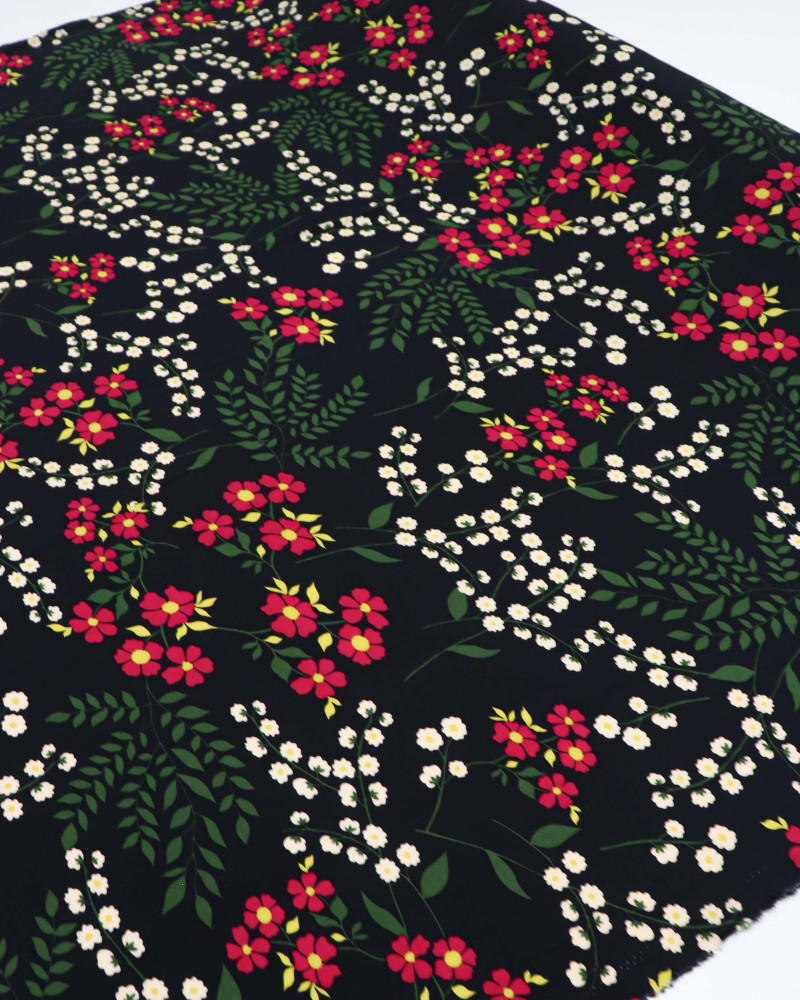 Tecido Viscose Campo de Flores Colorido e Preto
