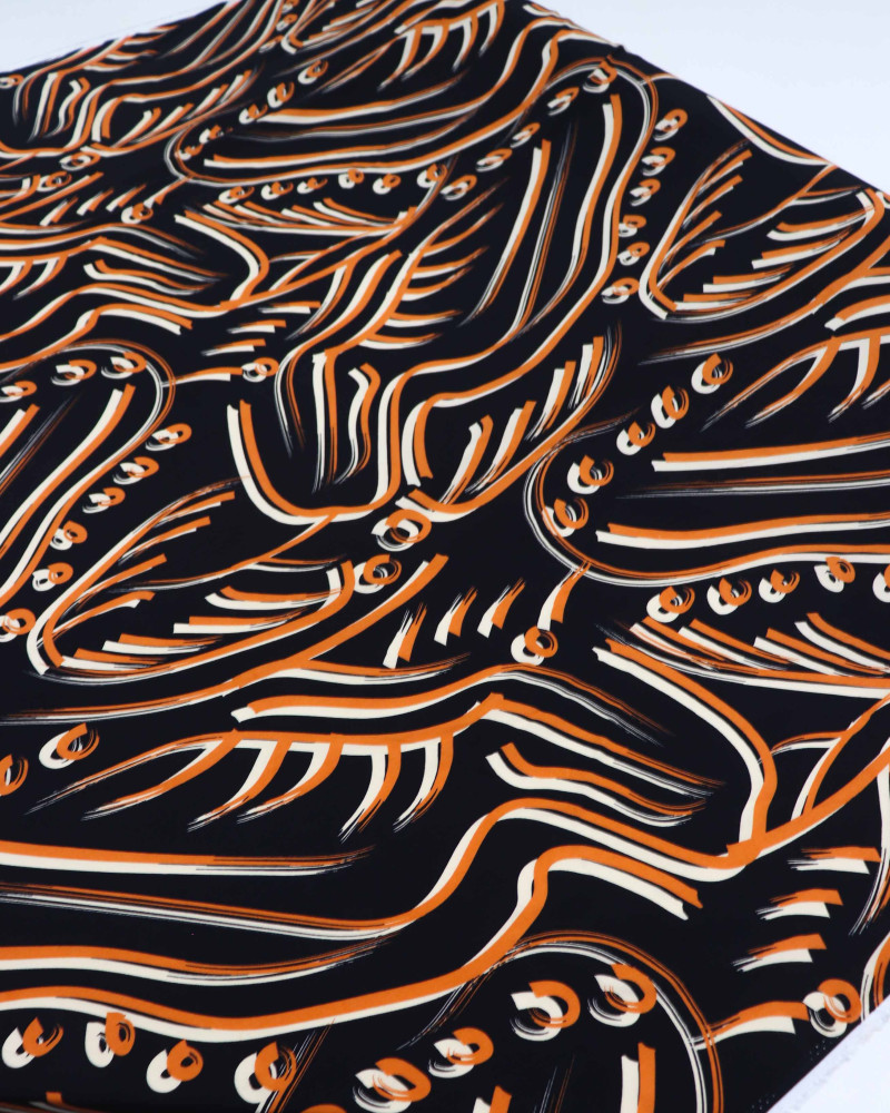 Tecido Viscose Pinturas Abstratas Tons Terrosos e Preto