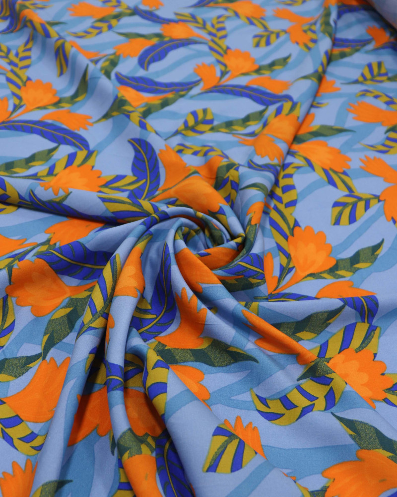 Tecido Viscose Folhas e Flores Laranja e Azul