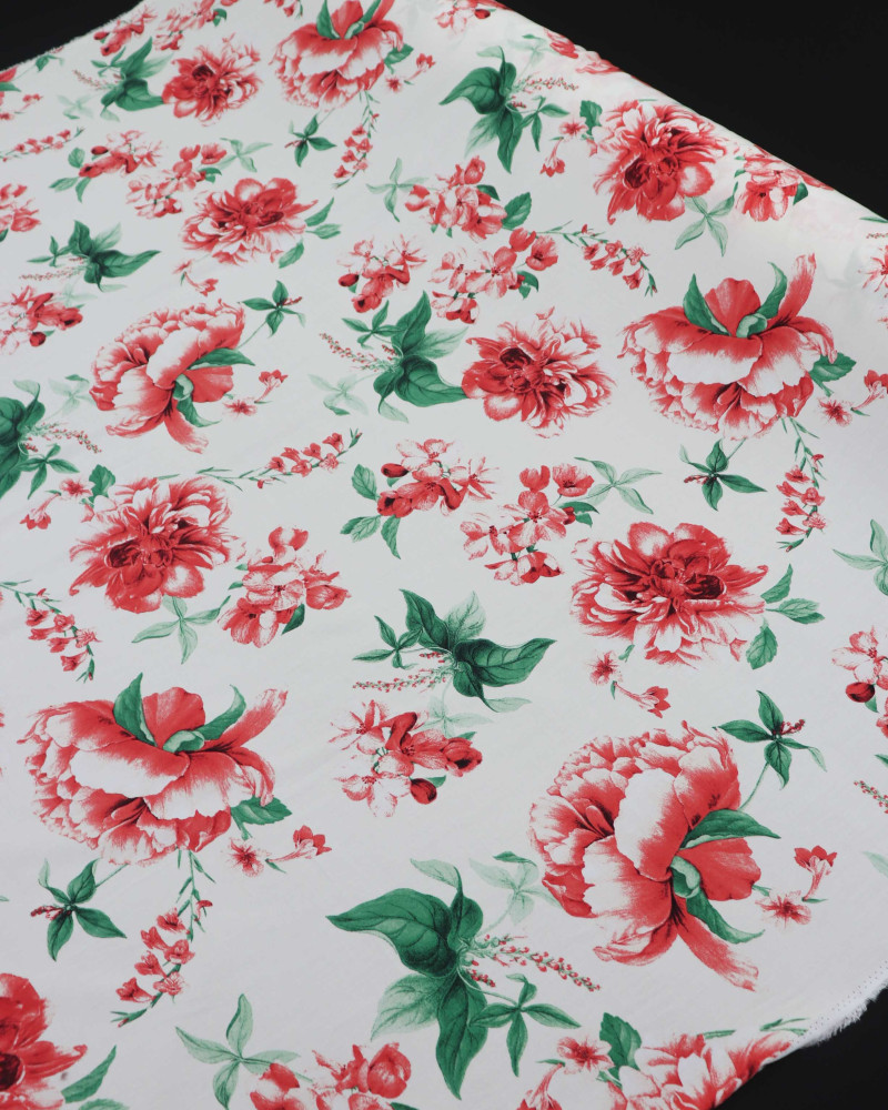 Tecido Viscose Macro Floral Vermelho e Branco
