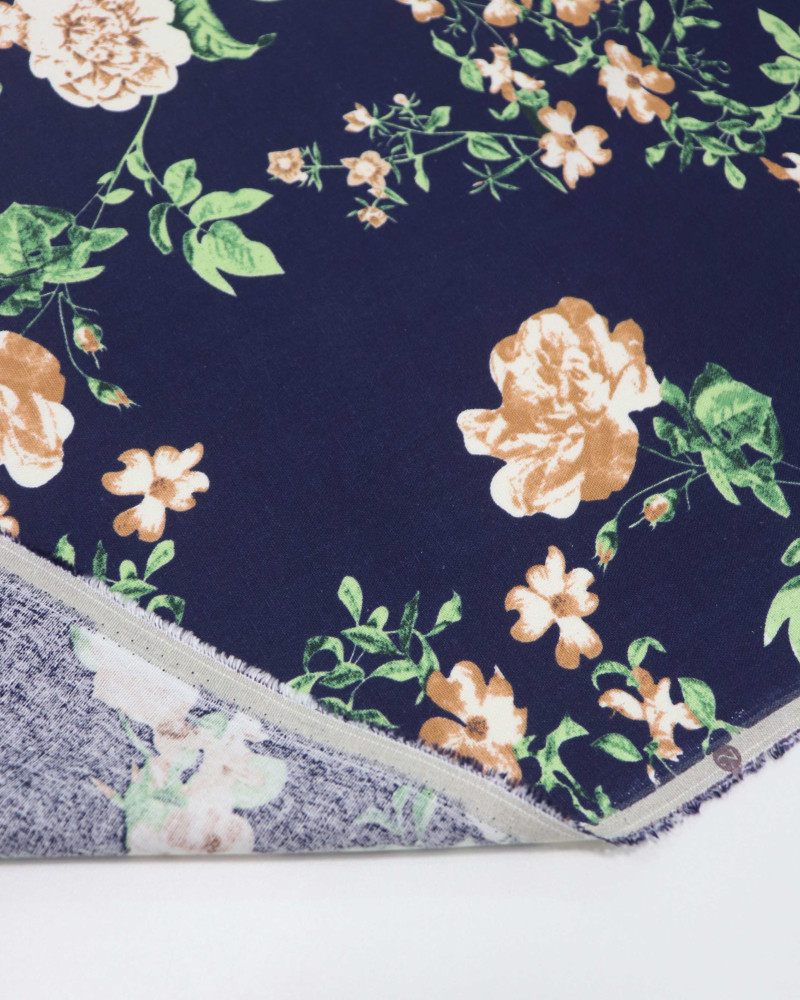 Tecido Linho Misto Floral Provençal Caramelo e Azul Marinho