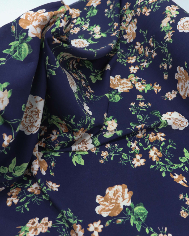 Tecido Linho Misto Floral Provençal Caramelo e Azul Marinho
