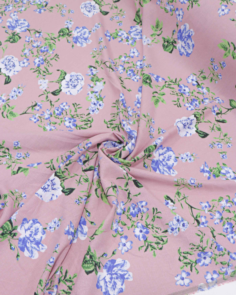 Tecido Linho Misto Floral Provençal Azul e Rosé