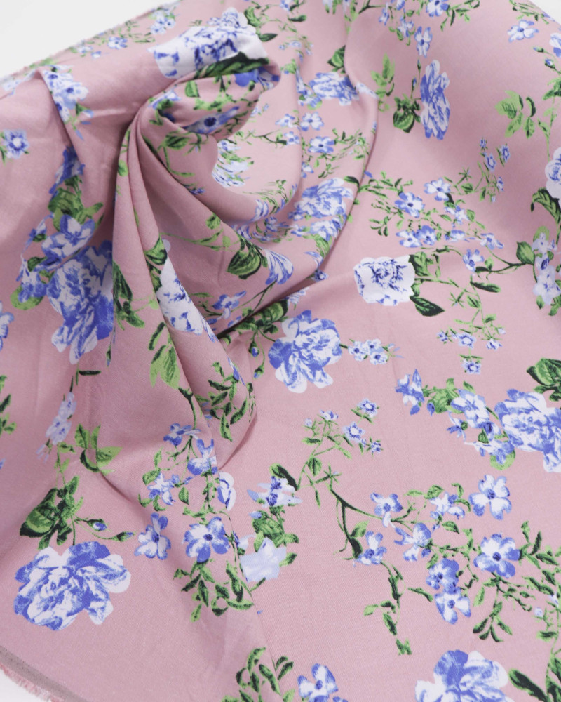 Tecido Linho Misto Floral Provençal Azul e Rosé