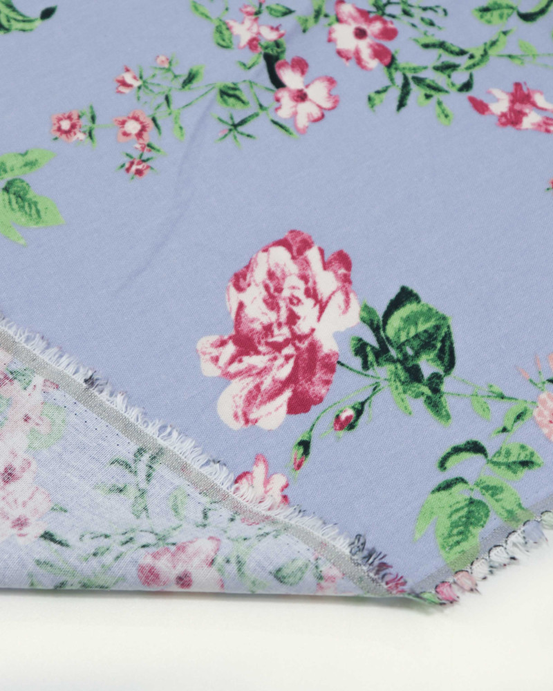 Tecido Linho Misto Floral Provençal Rosa e Azul Jeans