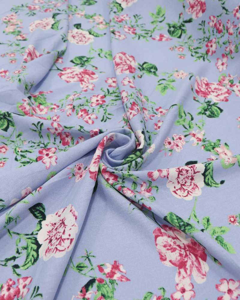 Tecido Linho Misto Floral Provençal Rosa e Azul Jeans