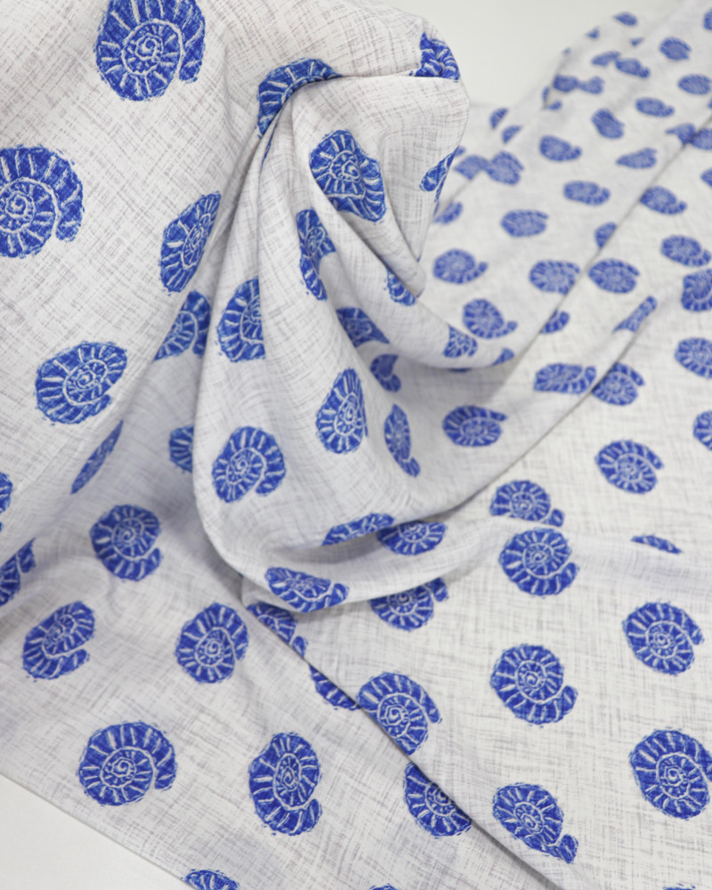 Tecido Viscose Conchas Azul e Cinza Mescla