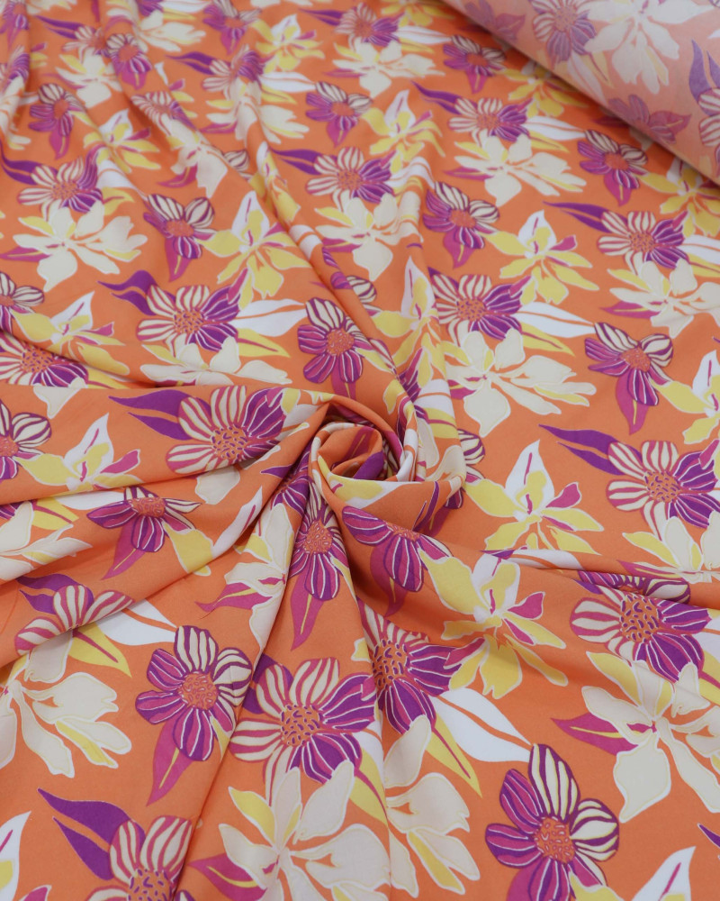 Tecido Viscose Flores Roxo e Coral