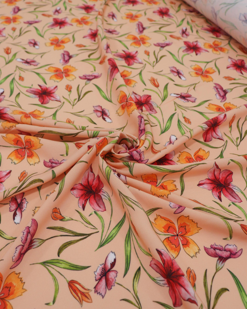 Tecido Viscose Premium Floral em Aquarela Vermelho, Laranja e Coral