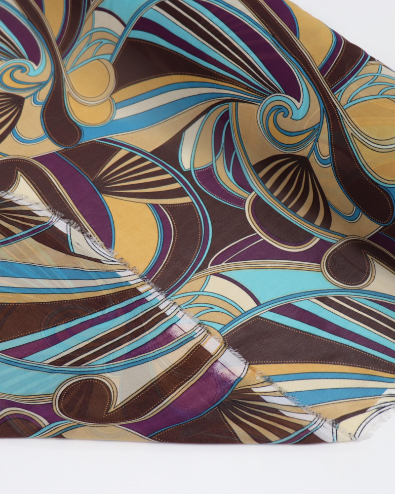 Tecido Crepe Chiffon Desenho Abstrato Bege Marrom e Roxo