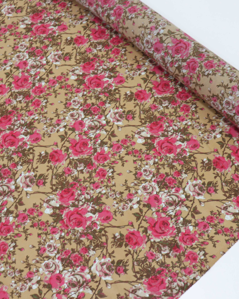 Tecido Crepe Chiffon Macro Rosas e Bege