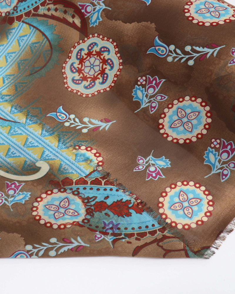 Tecido Crepe Chiffon Mandalas Marrom e Azul