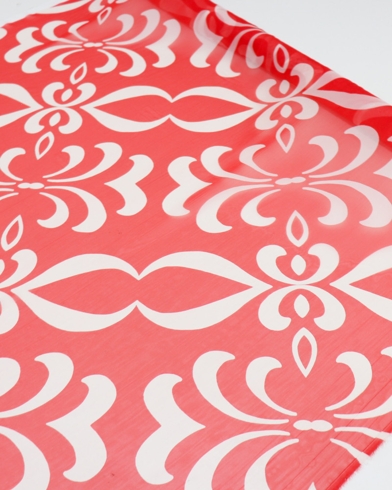 Tecido Crepe Chiffon Italiano Macro Arabescos Branco e Vermelho
