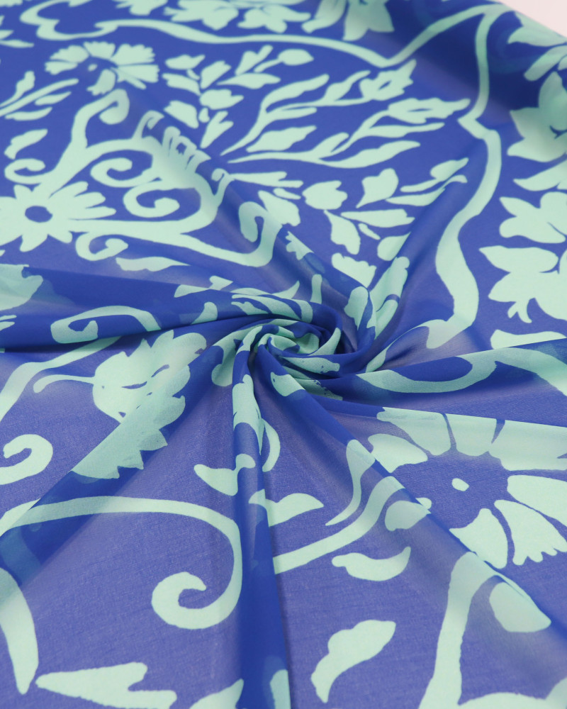 Tecido Crepe Chiffon Italiano Macro Arabescos Verde e Azul