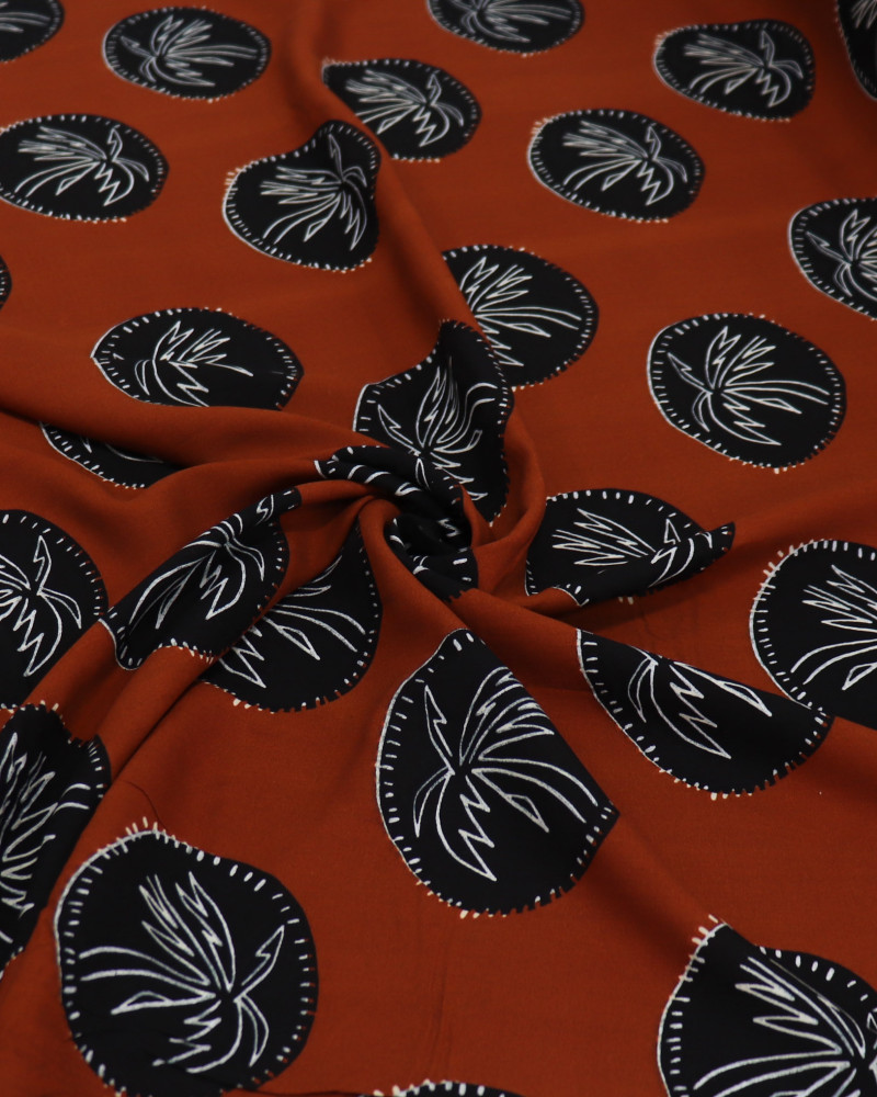 Tecido Viscose Coqueiros Preto e Terracota