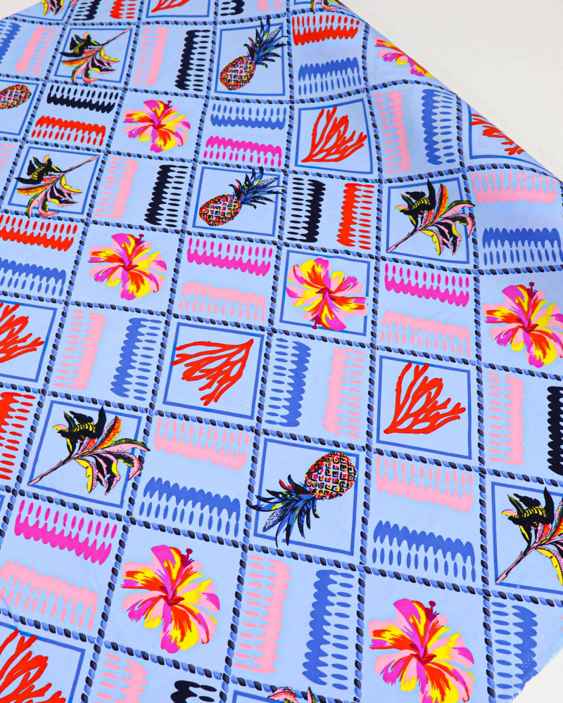 Tecido Viscose Cordas e Floral Colorido e Azul