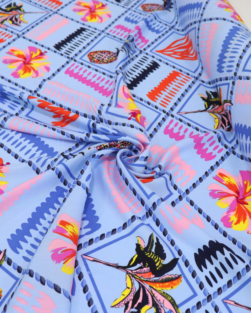 Tecido Viscose Cordas e Floral Colorido e Azul