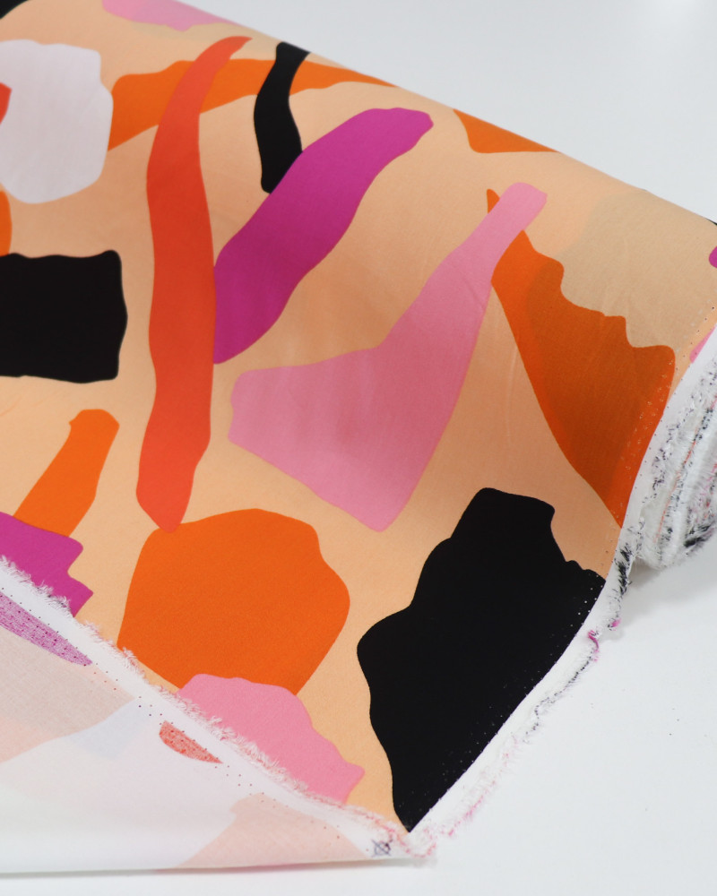 Tecido Viscose Pintura Abstrata Laranja e Rosa 