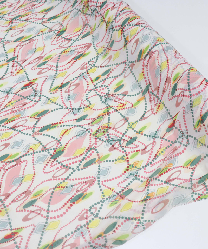 Tecido Crepe Chiffon Pontilhado Abstrato Verde e Rosé