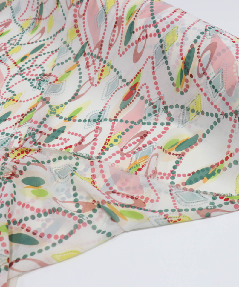 Tecido Crepe Chiffon Pontilhado Abstrato Verde e Rosé