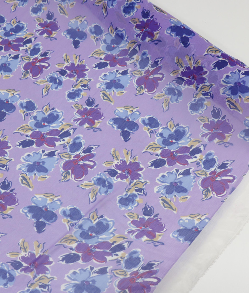 Tecido Crepe Chiffon Texturizado Flores Lavanda