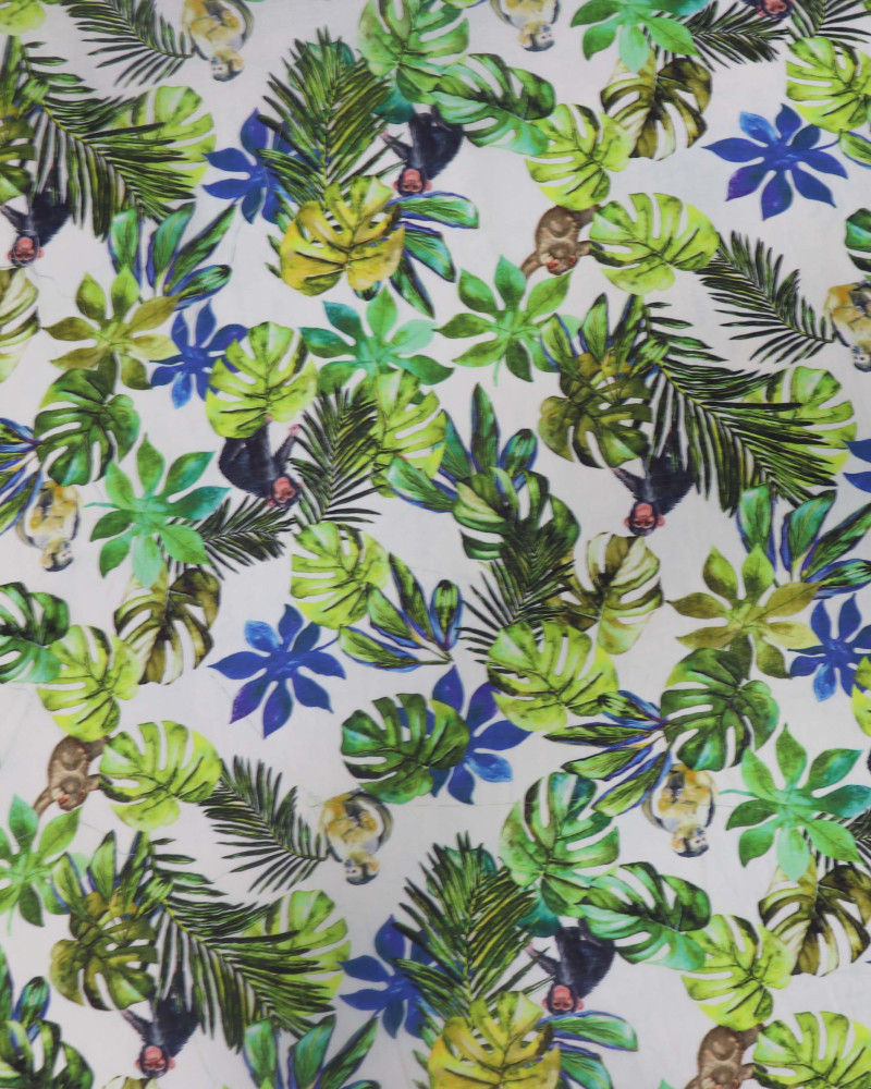 Tecido Cambraia Italiano Floresta e Macacos Verde e Azul