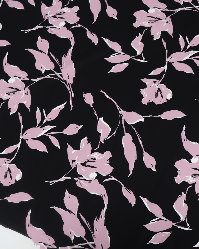 Tecido Tricoline Italiano Flores Rosa Claro e Preto
