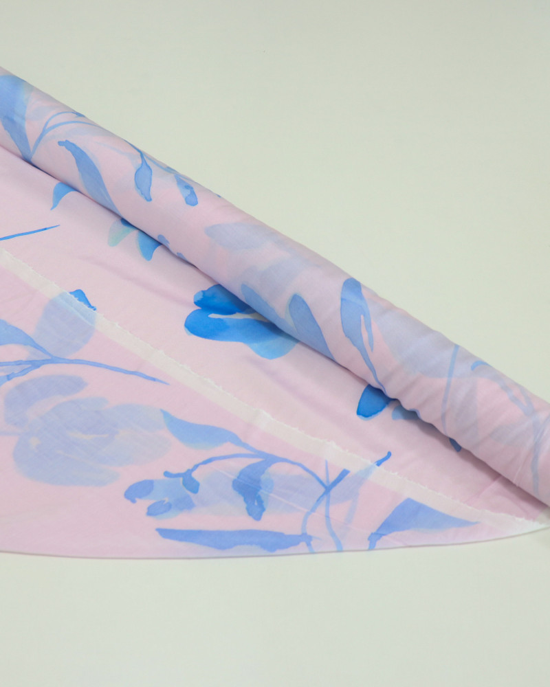 Tecido Viscose Fina Italiano Aquarela Floral Azul e Rosa 