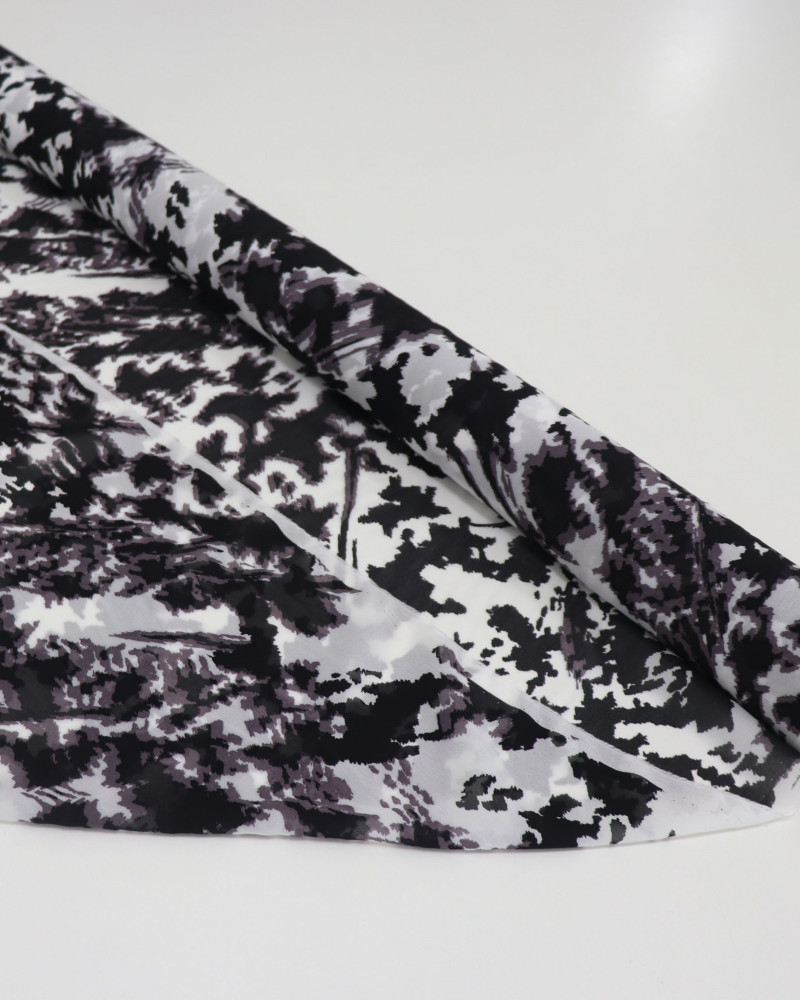 Tecido Crepe Chiffon Italiano Arte Abstrata Branco Cinza e Preto