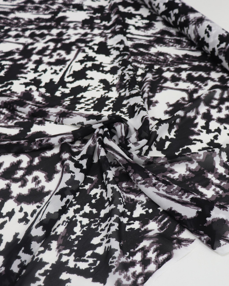 Tecido Crepe Chiffon Italiano Arte Abstrata Branco Cinza e Preto