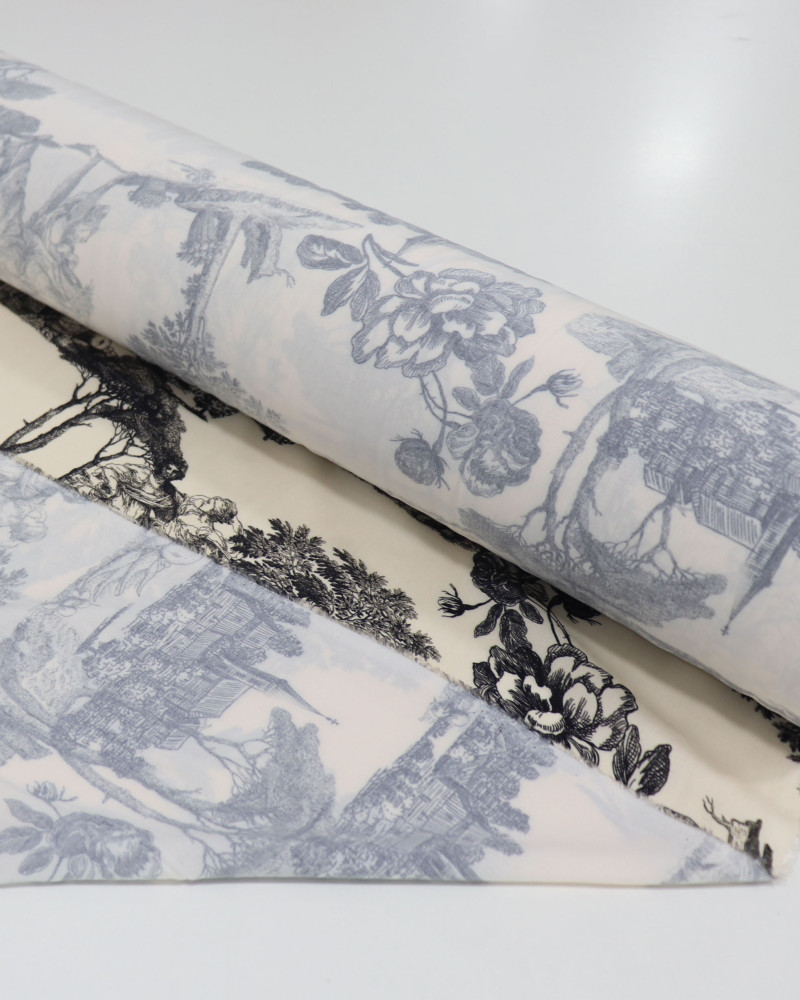 Tecido Viscose Premium Toile de Jouy Village Preto e Creme