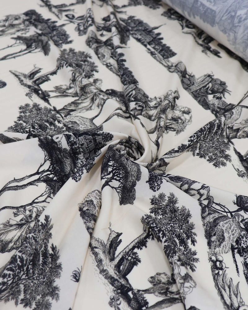 Tecido Viscose Premium Toile de Jouy Village Preto e Creme