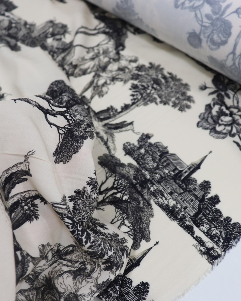 Tecido Viscose Premium Toile de Jouy Village Preto e Creme