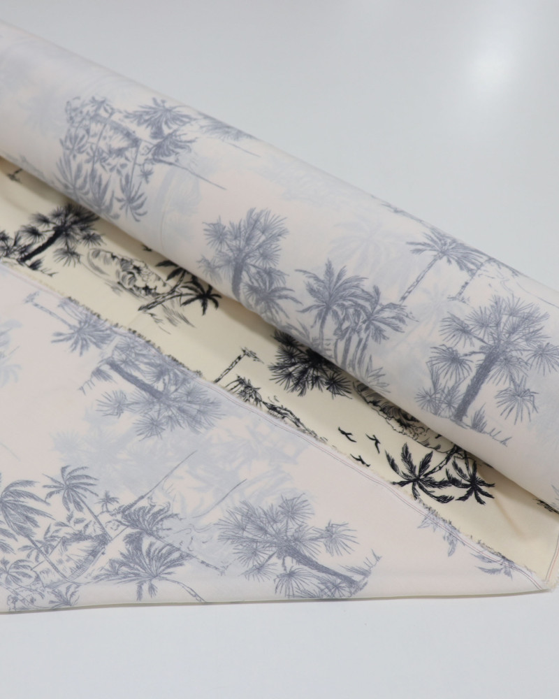 Tecido Viscose Premium Toile de Jouy Palmeiras Preto e Creme