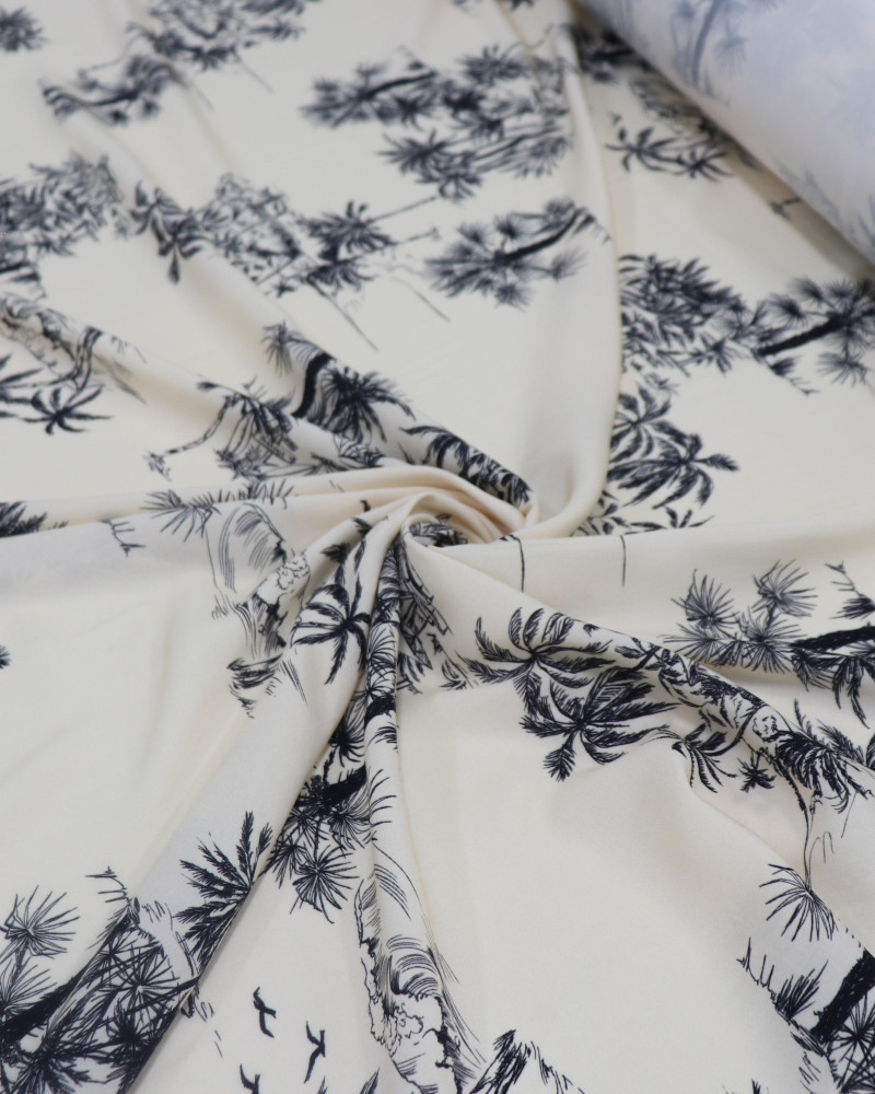 Tecido Viscose Premium Toile de Jouy Palmeiras Preto e Creme