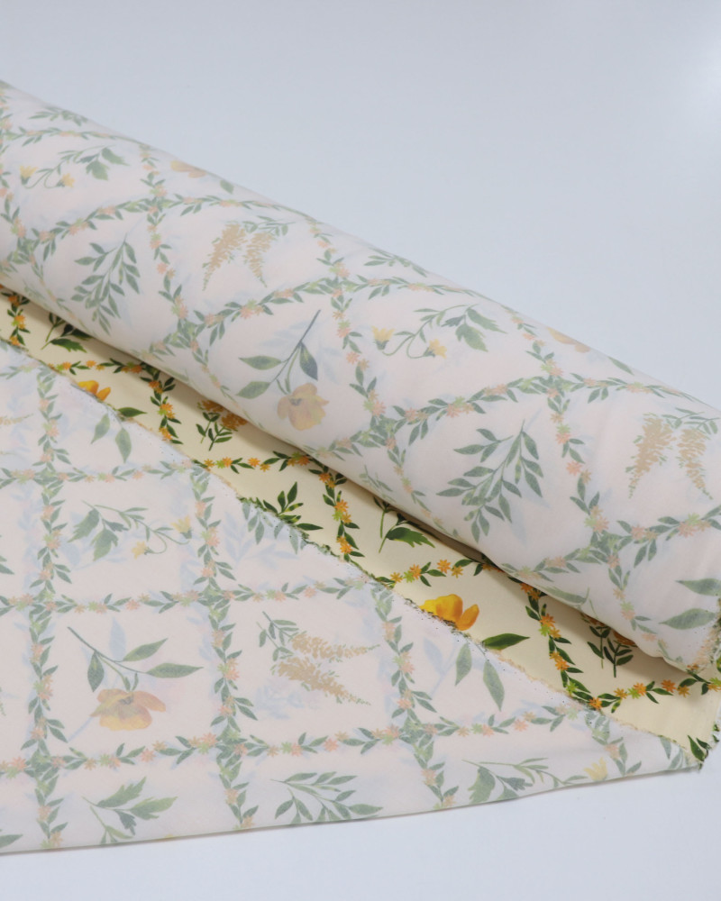 Tecido Viscose Premium Xadrez em Ramos e Floral Amarelo