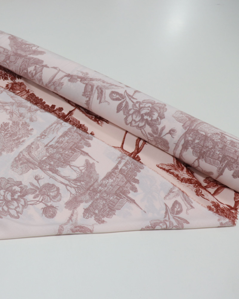 Tecido Viscose Premium Toile de Jouy Village Marsala e Salmão