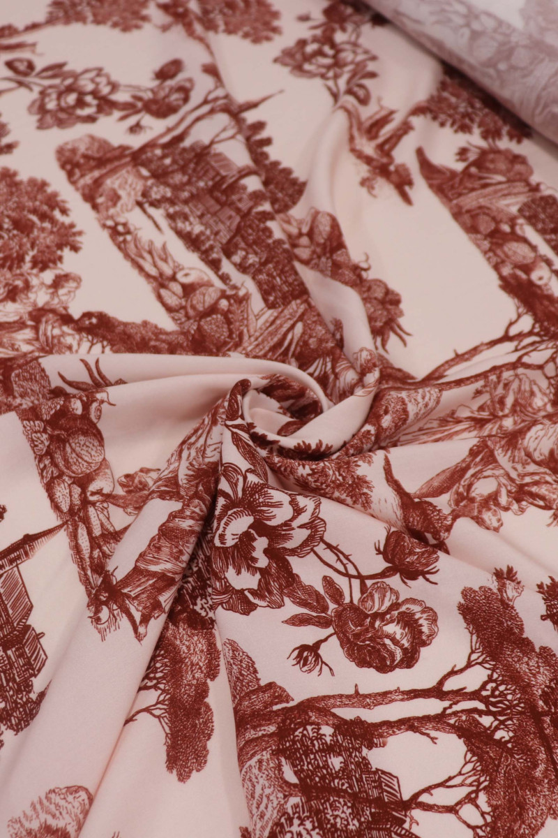 Tecido Viscose Premium Toile de Jouy Village Marsala e Salmão