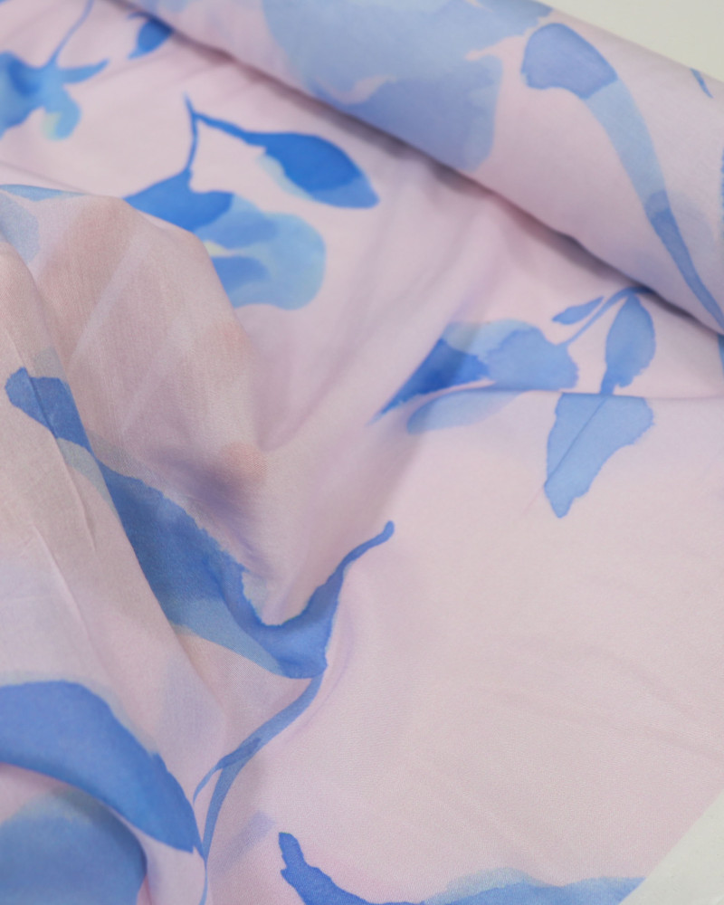 Tecido Viscose Fina Italiano Aquarela Floral Azul e Rosa 